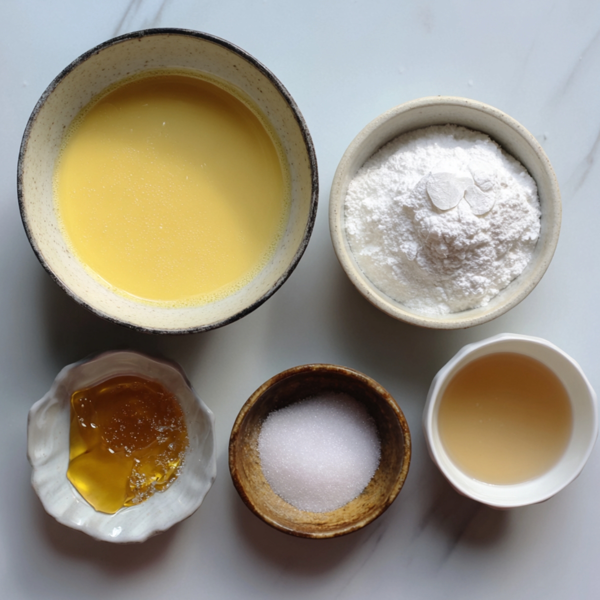 Custard base ingredients – Bowls containing egg yolk mixture, sugar, flour, gelatin, and liquid flavoring neatly arranged on a white surface.