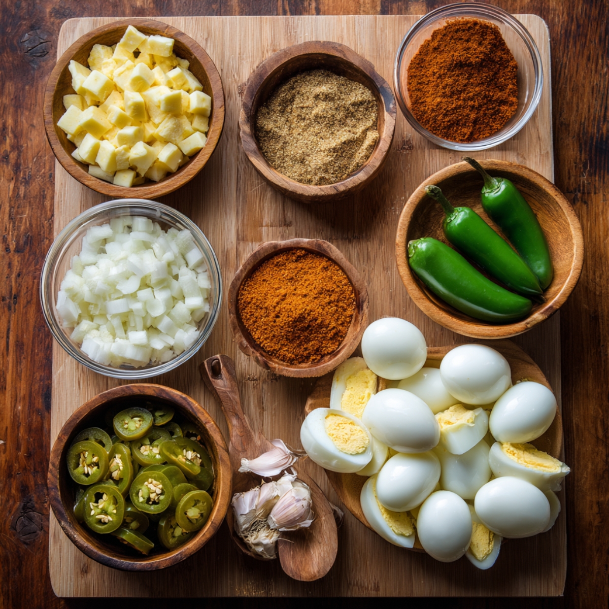 A cutting board with hard-boiled eggs, jalapeños, onions, garlic, cheese cubes, and spices prepared for potato salad.