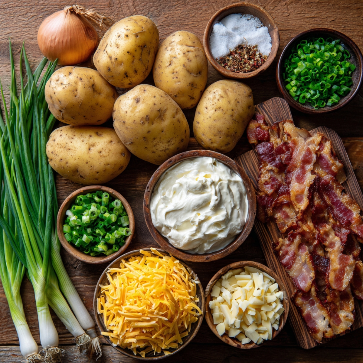 : A rustic wooden table displaying ingredients — potatoes, green onions, shredded cheese, sour cream, and crispy bacon.