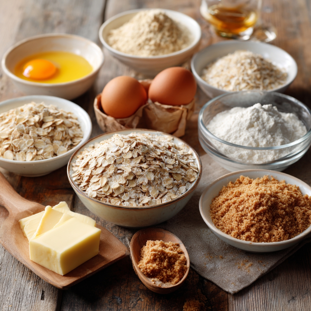 Assortment of baking ingredients including oats, eggs, flour, brown sugar, and butter on a rustic wooden table.