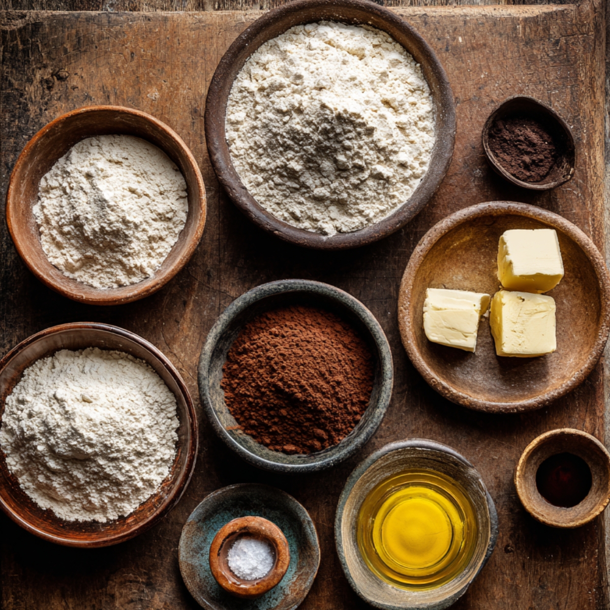 Bowls filled with bread-making essentials: flour, cocoa, butter, salt, oil, and vanilla on a wooden board.