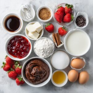A variety of classic filling ingredients in bowls, including strawberries, strawberry jam, chocolate spread, sugar, cinnamon sticks, eggs, milk, and cream cheese.