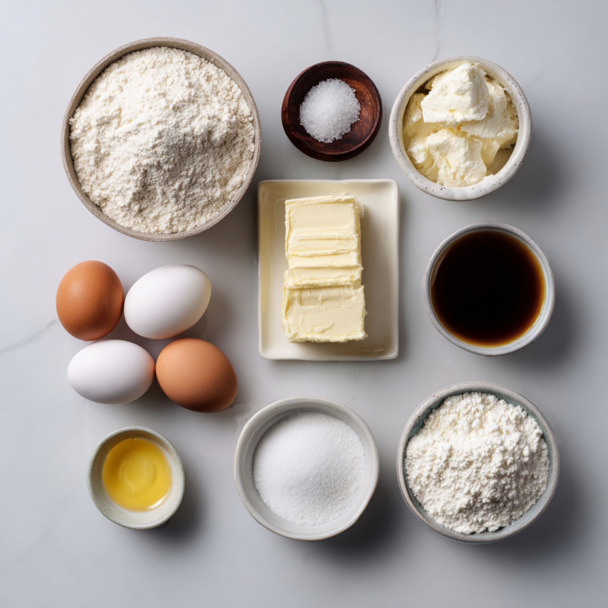 Baking essentials arranged on a marble surface: flour, eggs, butter, cream cheese, sugar, salt, and vanilla extract.