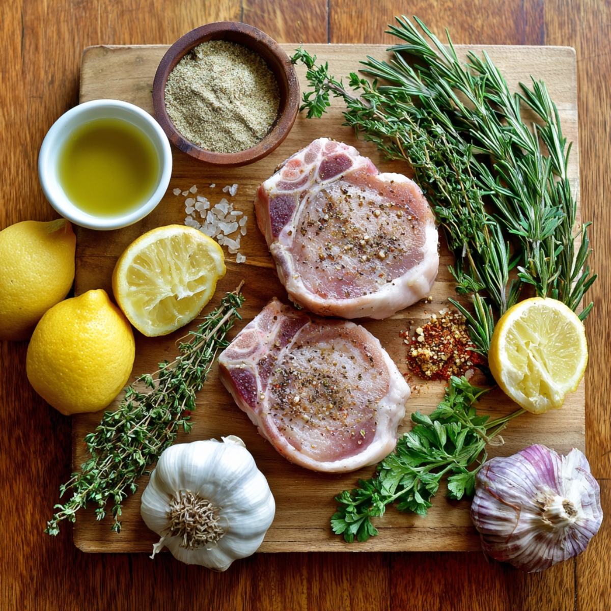 Fresh pork chops on a wooden board with garlic, lemon, herbs, and seasonings arranged around.