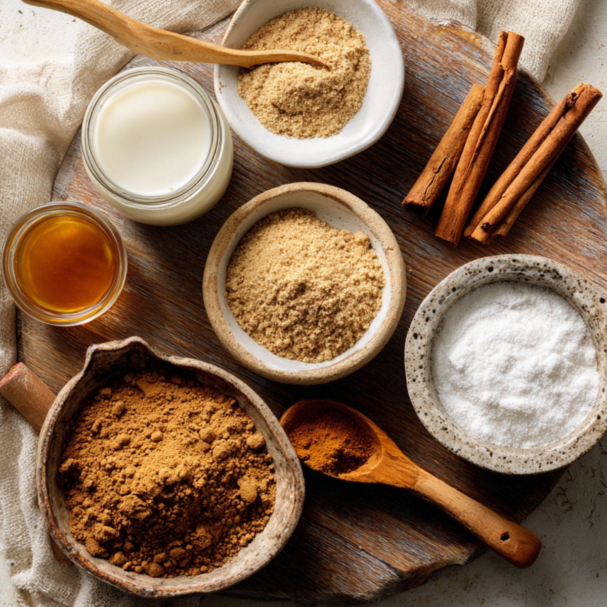 A round wooden board holding various ingredients: cinnamon sticks, milk, brown sugar, ground spices, baking powder, and vanilla extract.