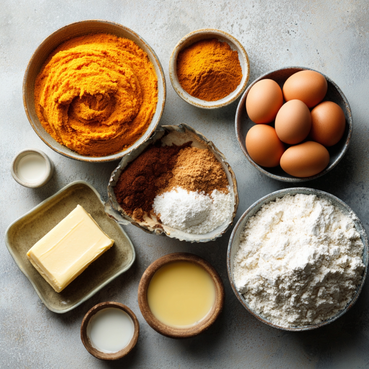 A collection of bowls containing pumpkin puree, flour, eggs, butter, milk, and warm spices like cinnamon, nutmeg, and turmeric.