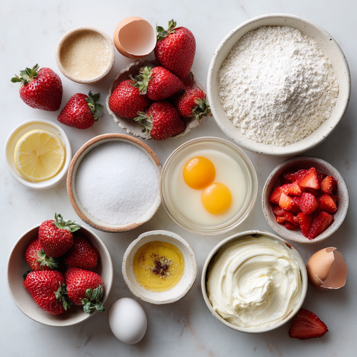 Ingredients laid out: Key baking ingredients displayed in small bowls including fresh strawberries, flour, eggs, sugar, lemon, vanilla, butter, and sour cream.