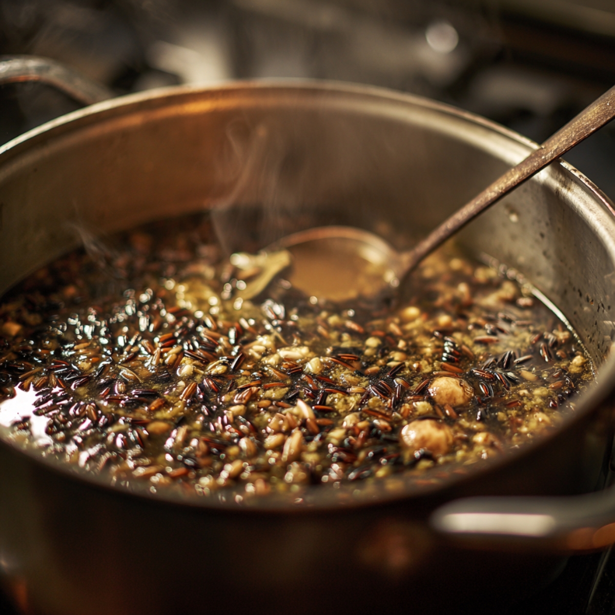 A large pot of simmering wild rice soup on the stove, with steam rising and a ladle stirring the rich broth mixed with grains and vegetables.