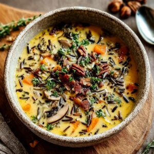 A Cozy Autumn Wild Rice Soup of wild rice and mushroom soup made with carrots, herbs, and pecans, topped with crispy bacon pieces and fresh parsley.