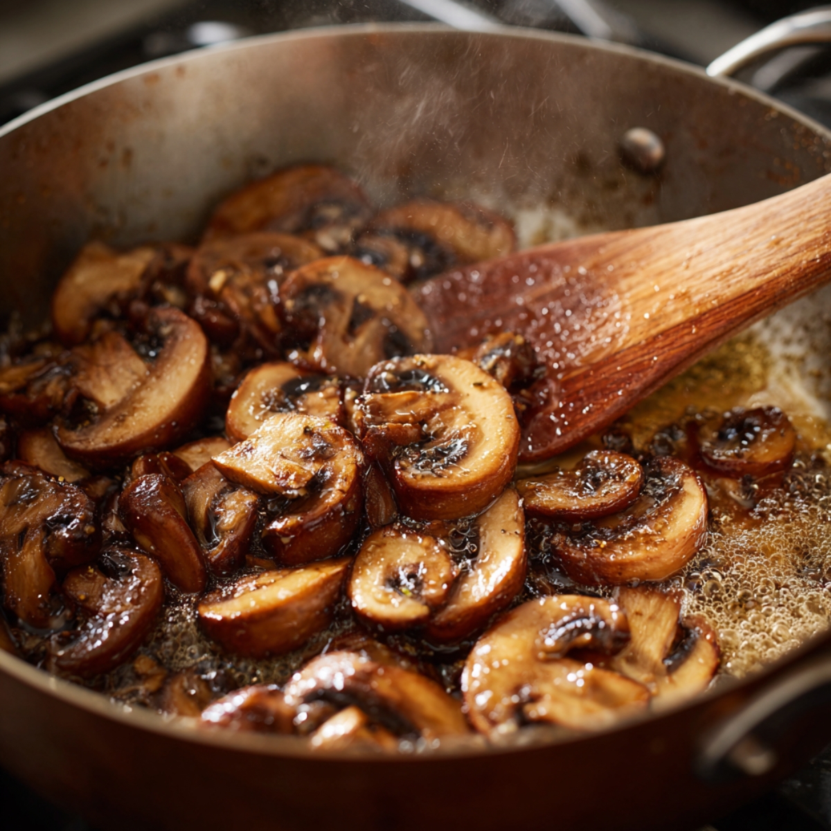 Sliced mushrooms sizzling and browning in a pan with butter, creating a rich base for soup or sauce.
