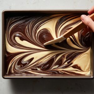 A close-up of chocolate and vanilla cake batter being swirled together in a baking pan using a spatula, creating a marbled design.