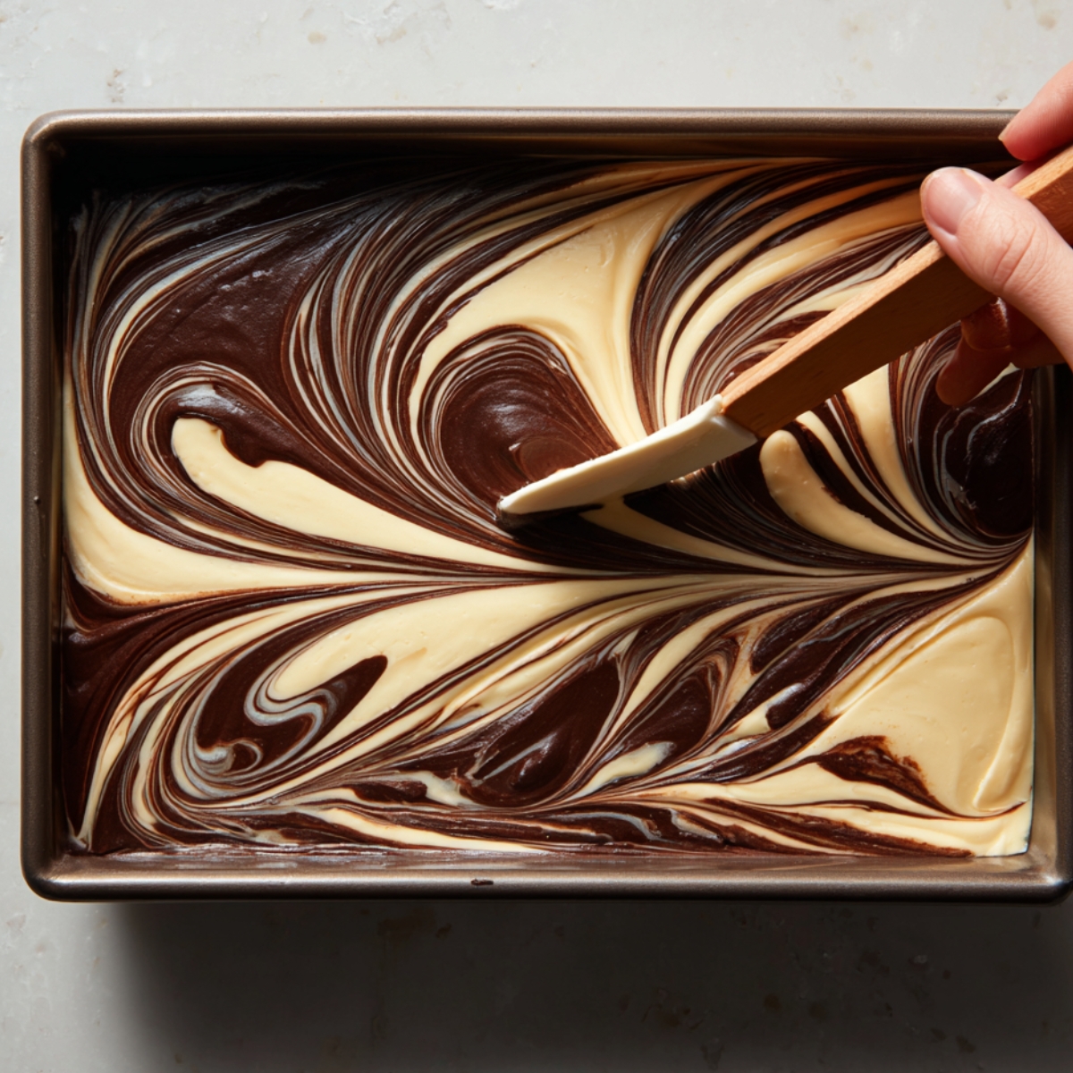 A close-up of chocolate and vanilla cake batter being swirled together in a baking pan using a spatula, creating a marbled design.