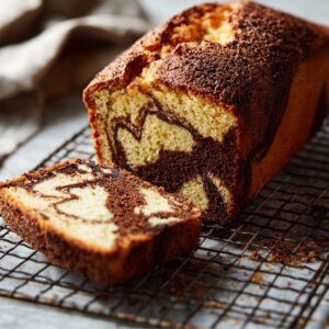 A loaf of marble cake cooling on a wire rack, with one slice cut to show the dark chocolate and light vanilla pattern inside.