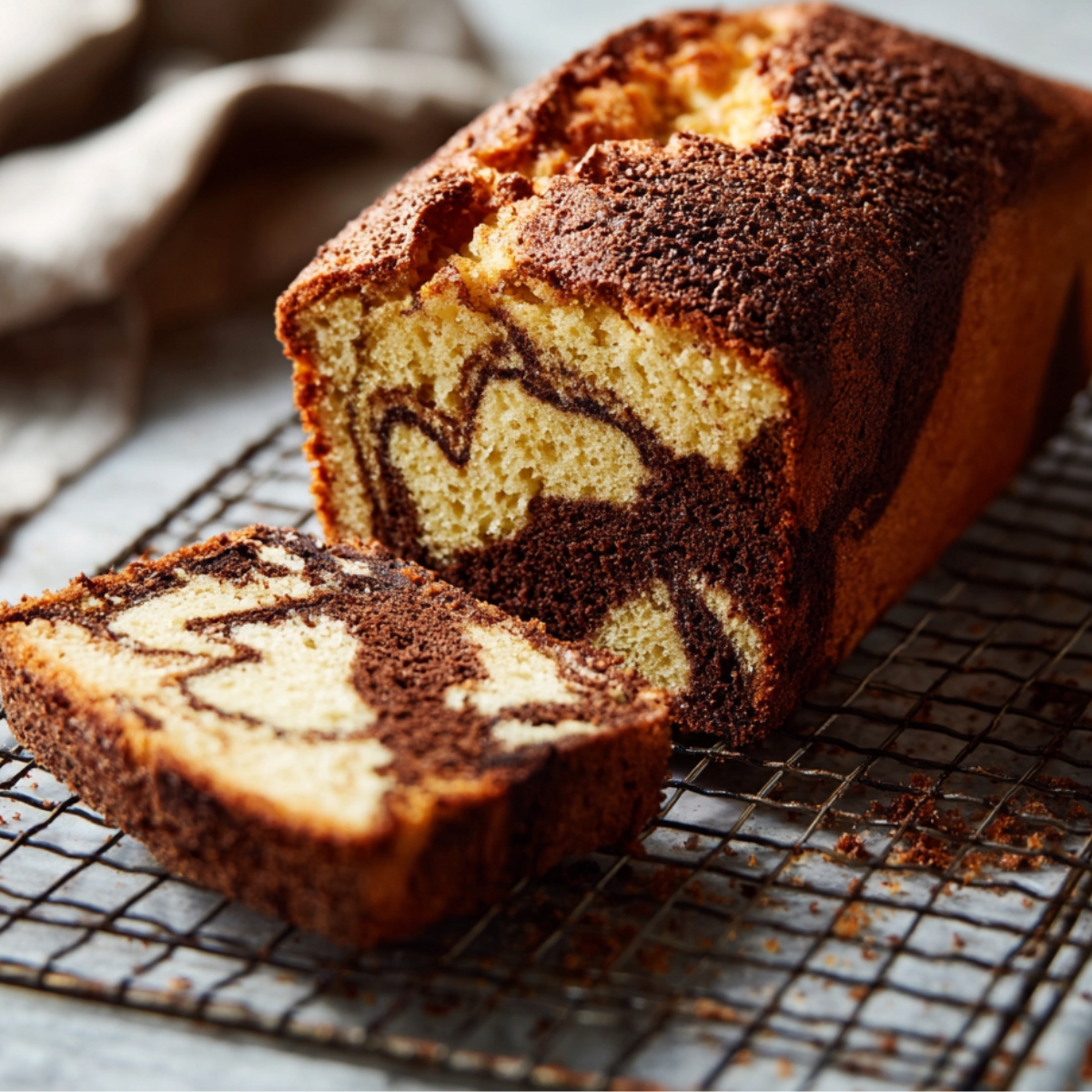 A loaf of marble cake cooling on a wire rack, with one slice cut to show the dark chocolate and light vanilla pattern inside.