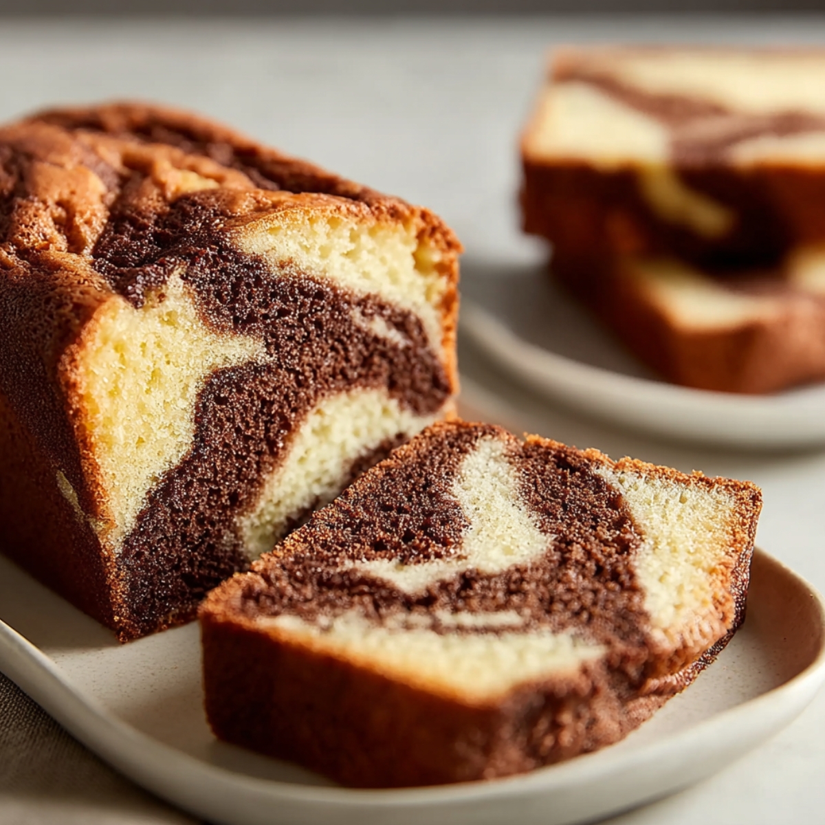 A loaf of freshly baked marble cake with rich chocolate and vanilla layers, sliced to reveal the soft, marbled interior.