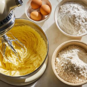 Baking ingredients for marble cake—bowls of flour, eggs, and a stand mixer filled with creamy yellow batter—arranged on a sunlit kitchen counter.