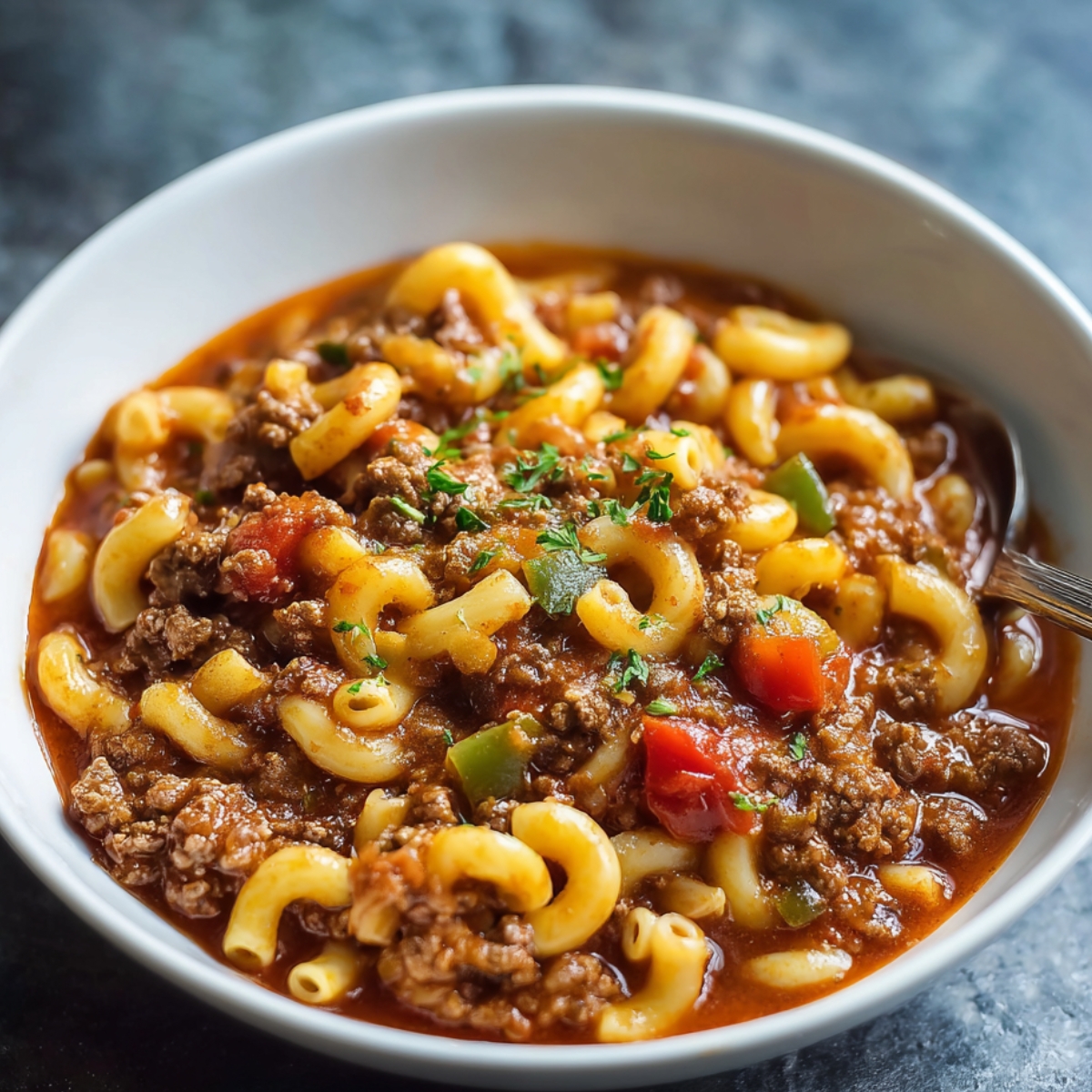 A serving bowl filled with hearty American goulash macaroni, beef, and tomato sauce topped with parsley, ready to eat.