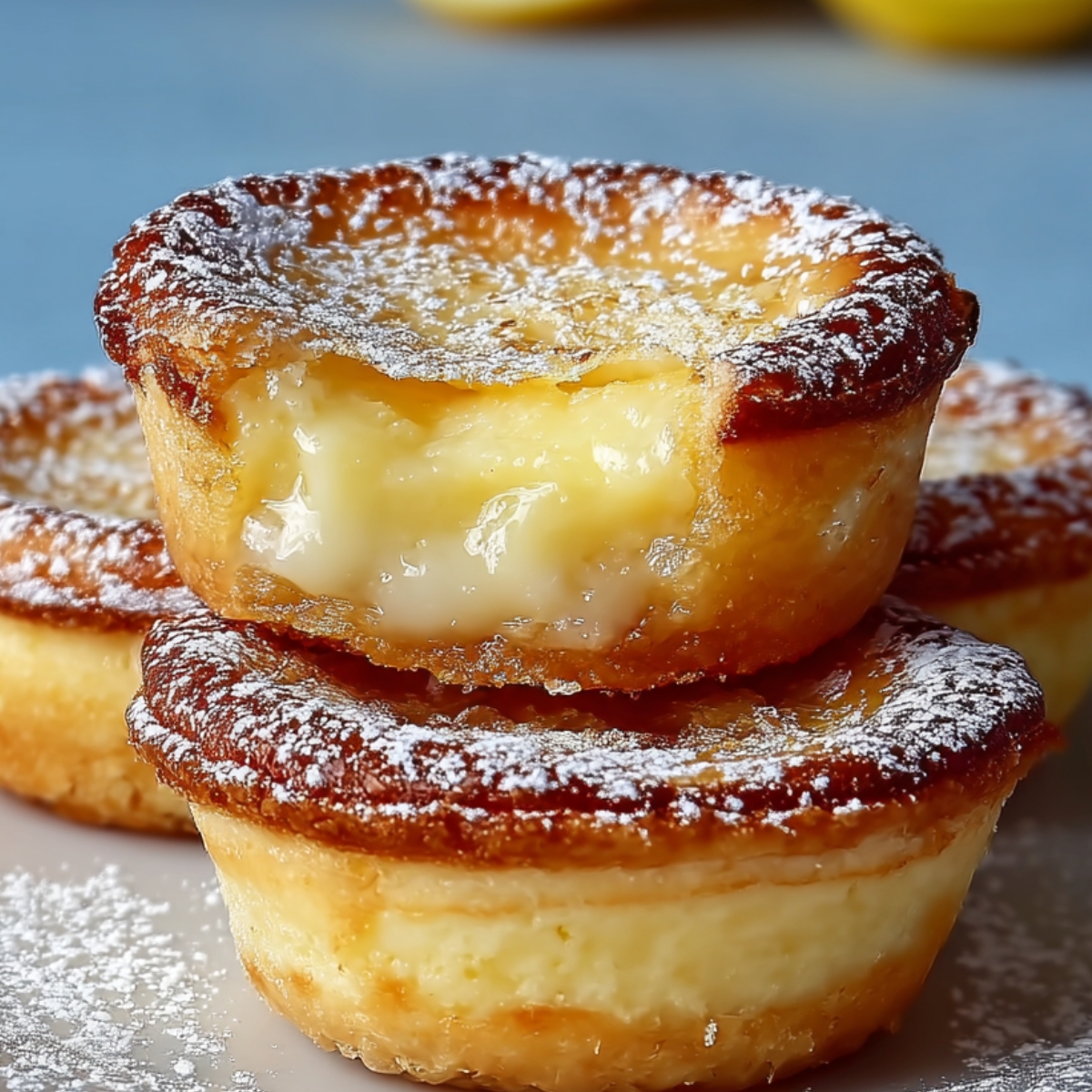 Stack of small Baby Lemon Impossible Pies with golden edges and powdered sugar, showing soft creamy centers on a white plate with lemons in the background.