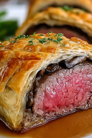 A close-up of a Beef Wellington Recipe, showing a slice with perfectly cooked beef inside, wrapped in golden-brown puff pastry. It’s served with mashed potatoes, green beans, and a drizzle of sauce.