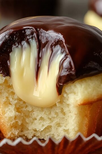 A Boston Cream Cupcakes with chocolate ganache on top, revealing creamy custard filling inside after a bite.