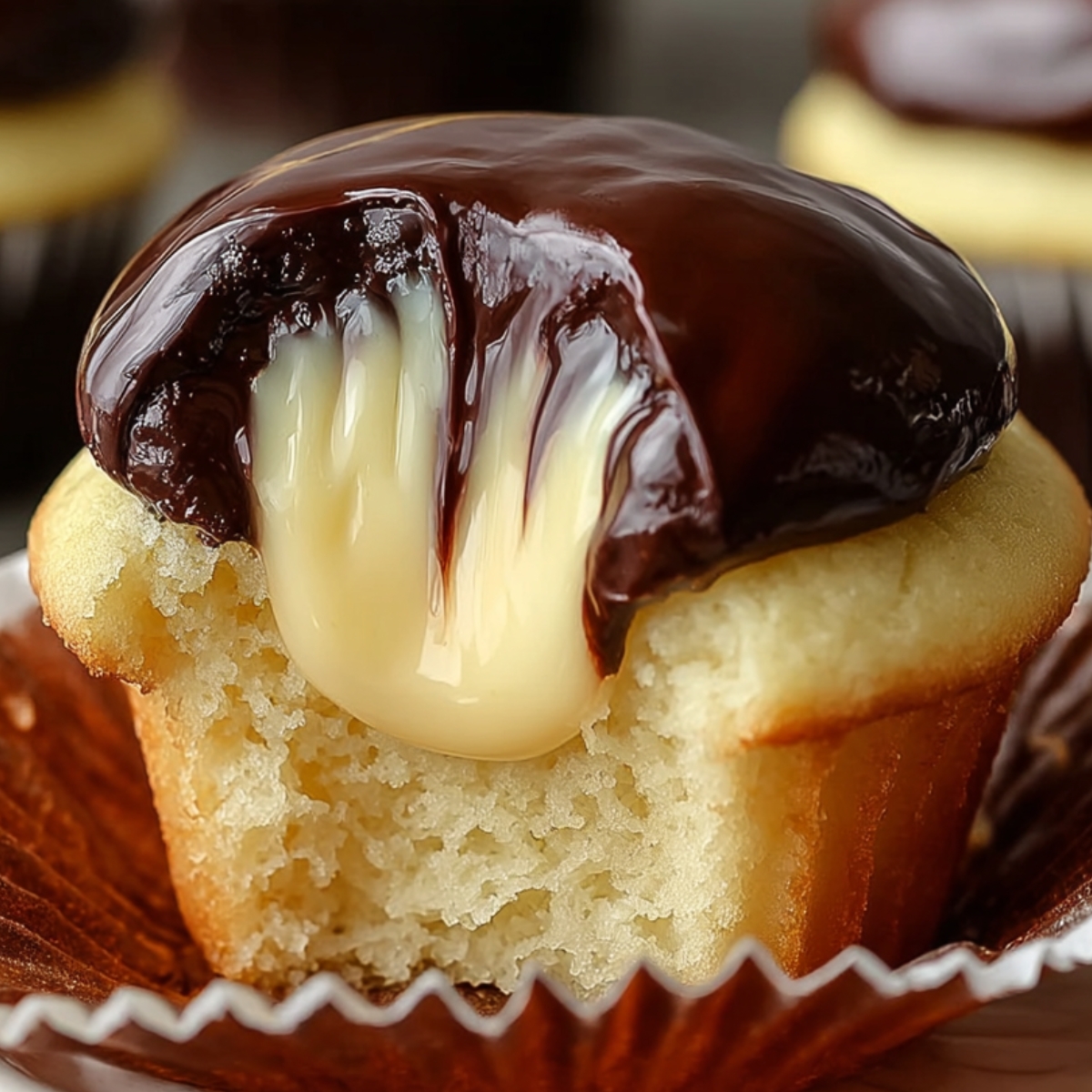 A Boston Cream Cupcakes with chocolate ganache on top, revealing creamy custard filling inside after a bite.