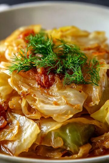 A bowl of Braised Cabbage Recipe in a savory sauce, topped with fresh dill and bits of tomato.