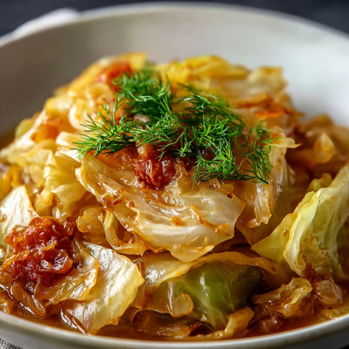 A bowl of Braised Cabbage Recipe in a savory sauce, topped with fresh dill and bits of tomato.