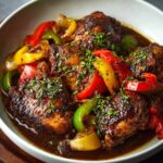 A bowl of brown stew chicken with bell peppers, onions, and a dark, flavorful sauce, garnished with fresh herbs.