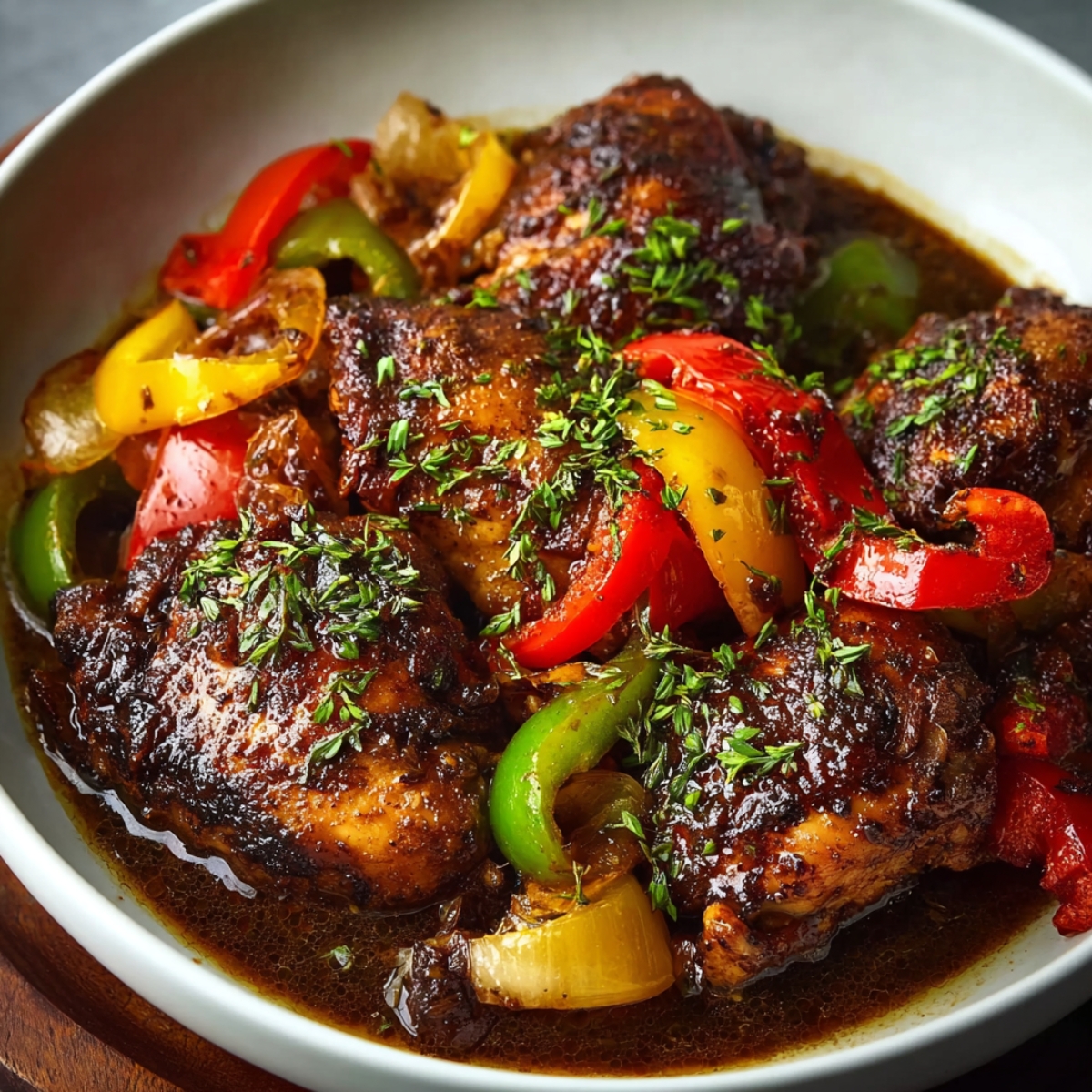A bowl of brown stew chicken with bell peppers, onions, and a dark, flavorful sauce, garnished with fresh herbs.