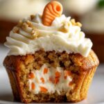 Carrot Cupcake Recipe with frosting: Moist carrot cupcake with visible carrot pieces, topped with smooth white cream cheese frosting and sprinkled with chopped nuts and pistachios.