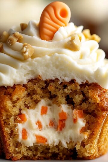 Carrot Cupcake Recipe with frosting: Moist carrot cupcake with visible carrot pieces, topped with smooth white cream cheese frosting and sprinkled with chopped nuts and pistachios.