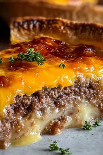 Plated cheeseburger pie slice: A rich, gooey slice of cheeseburger pie served on a plate, showing melted cheese and beef layers with a flaky crust.