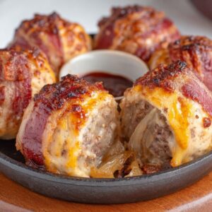 Close-up of cooked cheesy bacon onion bombs on a serving plate with melted cheese and caramelized onions inside, served with a side of dipping sauce.