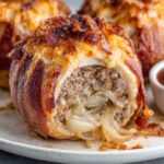 Plate with several golden, crispy bacon-Cheesy Bacon Onion Bombs bombs stuffed with ground beef and cheese, paired with a small bowl of dipping sauce.