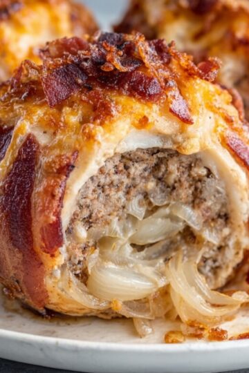 Plate with several golden, crispy bacon-Cheesy Bacon Onion Bombs bombs stuffed with ground beef and cheese, paired with a small bowl of dipping sauce.