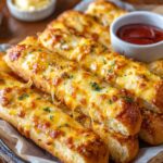 Freshly baked cheesy breadsticks with melted cheese and herbs, served with dipping sauce.