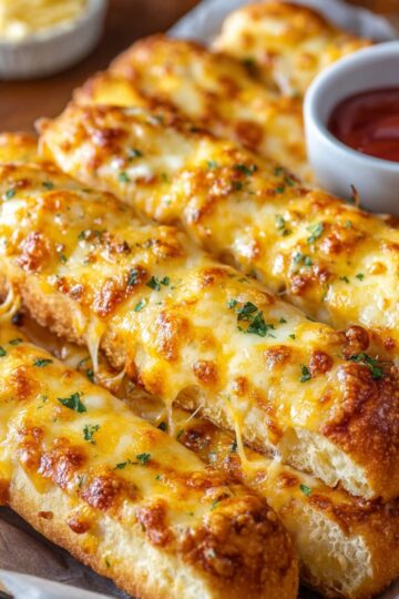 Freshly baked cheesy breadsticks with melted cheese and herbs, served with dipping sauce.