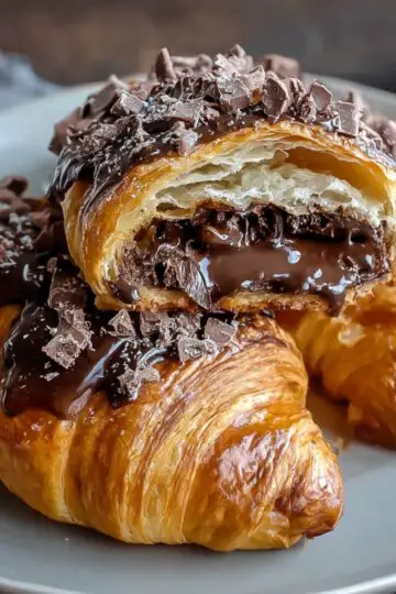Close-up of a flaky chocolate croissants cut open to reveal rich melted chocolate filling, topped with dark chocolate drizzle and shavings on a gray plate.