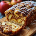 A freshly baked loaf of Cinnamon Swirl Apple Fritter Bread sits on a wooden serving board. The bread’s golden-brown crust glistens under a drizzle of creamy vanilla glaze that zigzags across the top. The texture reveals tender apple slices and a rich cinnamon filling in beautiful, marbled layers. A mug of coffee in the background completes the warm, cozy breakfast scene.