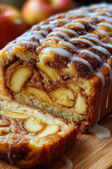 A freshly baked loaf of Cinnamon Swirl Apple Fritter Bread sits on a wooden serving board. The bread’s golden-brown crust glistens under a drizzle of creamy vanilla glaze that zigzags across the top. The texture reveals tender apple slices and a rich cinnamon filling in beautiful, marbled layers. A mug of coffee in the background completes the warm, cozy breakfast scene.