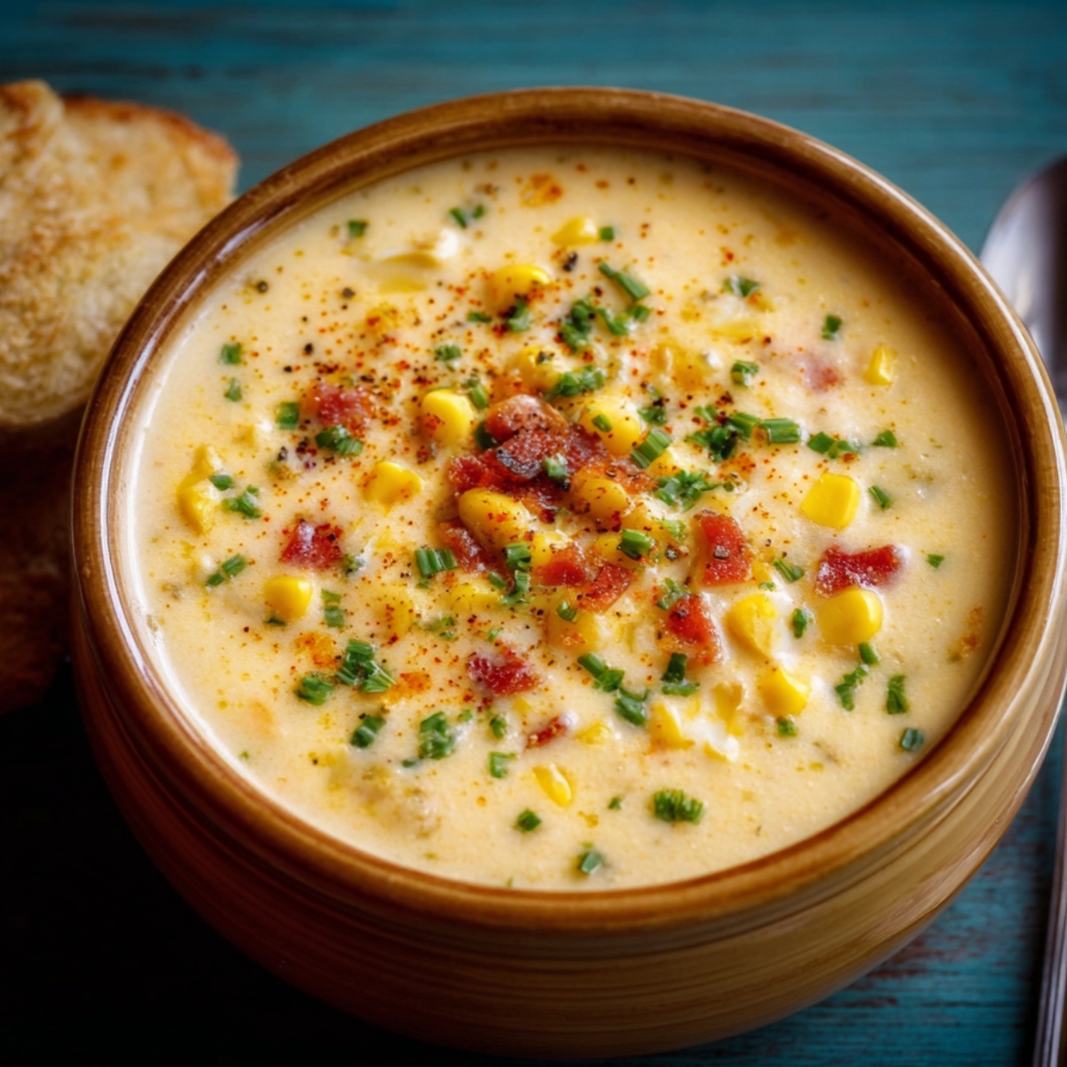 A creamy bowl of corn chowder topped with crispy bacon, chopped chives, and a sprinkle of paprika, served with bread on the side.