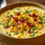 A rustic bowl of creamy corn chowder garnished with golden corn kernels, bacon bits, and fresh parsley.