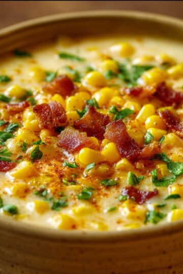 A rustic bowl of creamy corn chowder garnished with golden corn kernels, bacon bits, and fresh parsley.