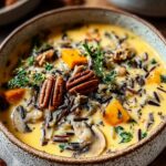 A Cozy Autumn Wild Rice Soup of wild rice and mushroom soup made with carrots, herbs, and pecans, topped with crispy bacon pieces and fresh parsley.