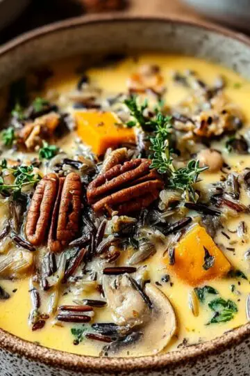 A Cozy Autumn Wild Rice Soup of wild rice and mushroom soup made with carrots, herbs, and pecans, topped with crispy bacon pieces and fresh parsley.
