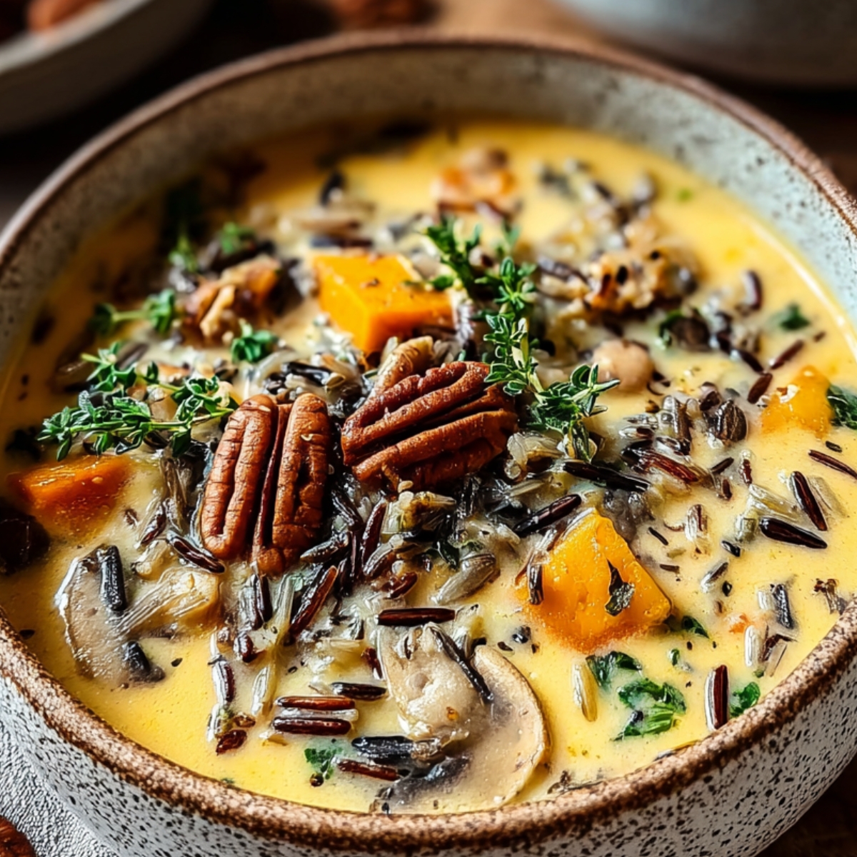 A Cozy Autumn Wild Rice Soup of wild rice and mushroom soup made with carrots, herbs, and pecans, topped with crispy bacon pieces and fresh parsley.