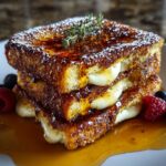 A stack of caramelized crème brûlée French toast slices with melted cream filling, drizzled with syrup and garnished with thyme and fresh berries. The golden crust glistens under a dusting of powdered sugar.