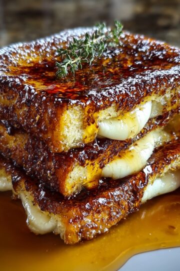 A stack of caramelized crème brûlée French toast slices with melted cream filling, drizzled with syrup and garnished with thyme and fresh berries. The golden crust glistens under a dusting of powdered sugar.