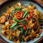 A plate of Thai-style Drunken Noodles Thai with wide rice noodles, chicken, red chili peppers, and basil.