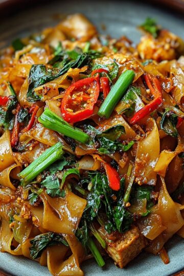A plate of Thai-style Drunken Noodles Thai with wide rice noodles, chicken, red chili peppers, and basil.